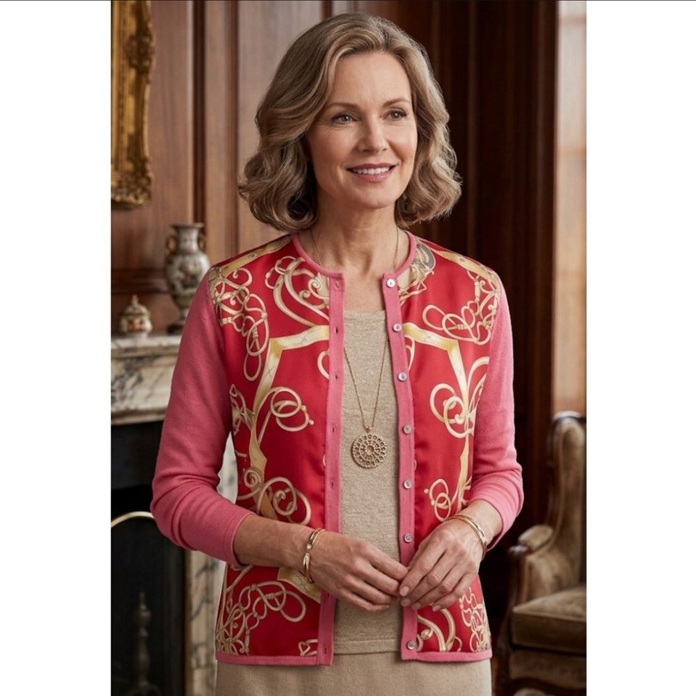 J. McLaughlin Silk Equestrian Print Cardigan